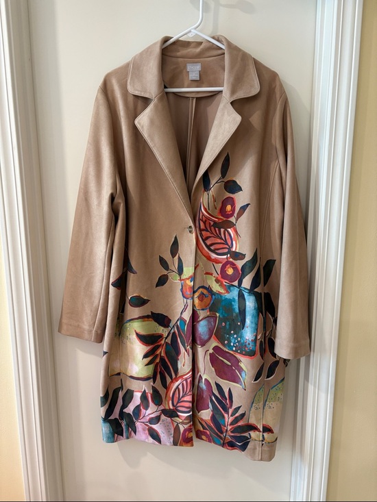Chico's Jackets & Blazers - Chico's Beige Trench Coat with Multicolor Floral Art
